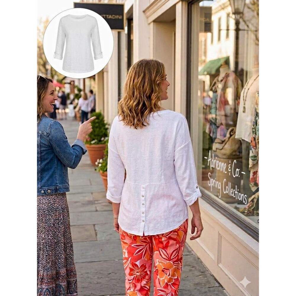 Adrienne Vittadini Women's White Subtle Texture Linen Knit Pullover Top L Cuffed